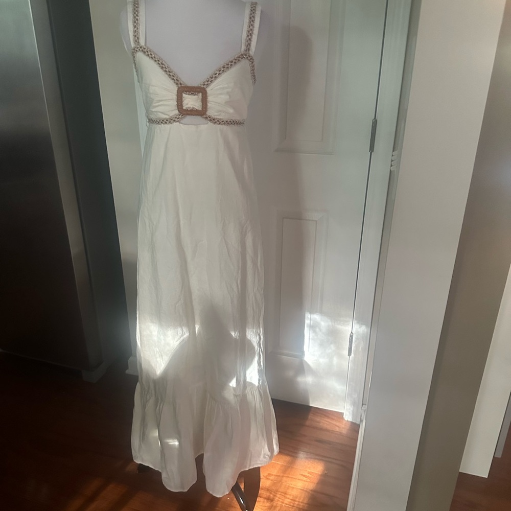 White/off white linen cotton Maxi Dress with Crochet Trim details